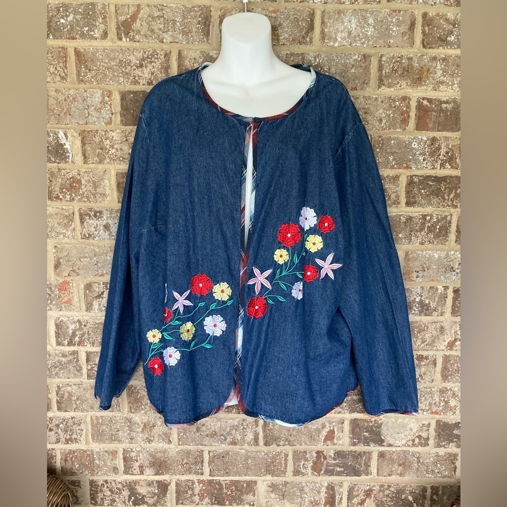 Floral Embroidered Country Store Catalog Denim Cardigan Size 2X